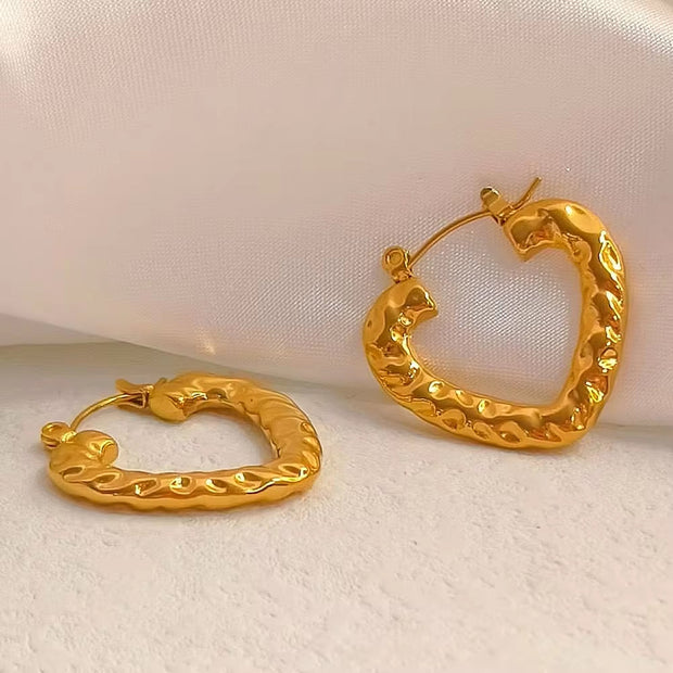 Hot Sale Hip Hops Embossed Texture Geometric Clip on Earrings Trendy Gold Plated Large Heart Rectangular Hoop Earrings F