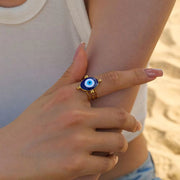 Jewelry 18K Gold Plated Eye Ring Stainless Steel Hollow Layer Blue Enamel Evil Eyes Open Rings