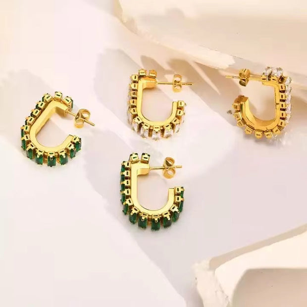 Good Quality 18K Gold Plated Green Cubic Zircon Earrings Deliate No Fade Stainless Steel Bling Diamond U Shape Earrings
