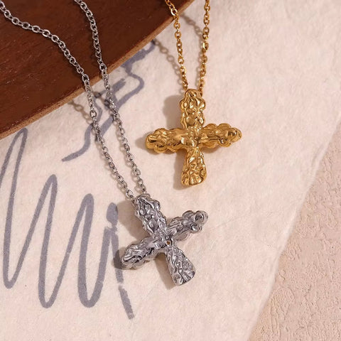 Hammered Cross Necklace 18K Gold Plated Jewelry Waterproof 316L Stainless Steel Titanium Jewelry