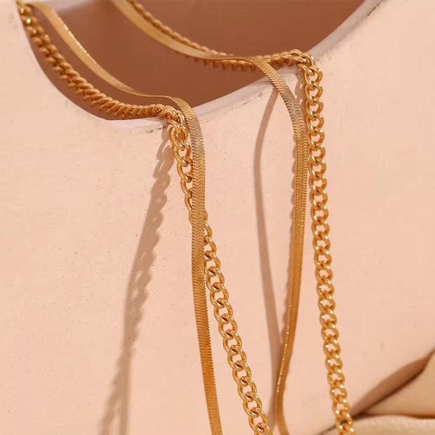 Double Layer Herringbone Necklace Engraved Sun Shell Necklace Waterproof Gold Plated Pendant Necklace