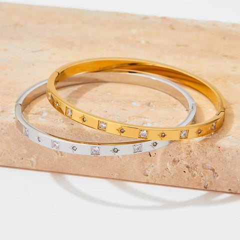 Luxury Gold Plated Oval Zircon Cuff Bracelets Stainless Steel Pave Zircon Bangle