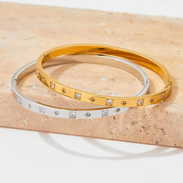 Luxury Gold Plated Oval Zircon Cuff Bracelets Stainless Steel Pave Zircon Bangle