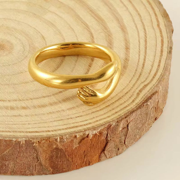 High Quality Vintage Wide Love Hands Embracing Ring Stainless Steel Tarnish Free Hand Hug Open Ring