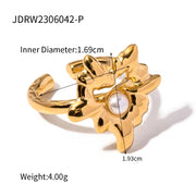 Design Lava Heart Pearl 18K Stainless Steel Gold Plated Hollow Heart Maple Leaf Open Ring for Women
