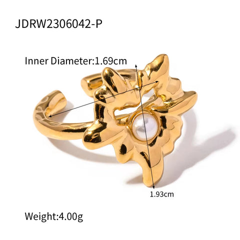 Design Lava Heart Pearl 18K Stainless Steel Gold Plated Hollow Heart Maple Leaf Open Ring for Women
