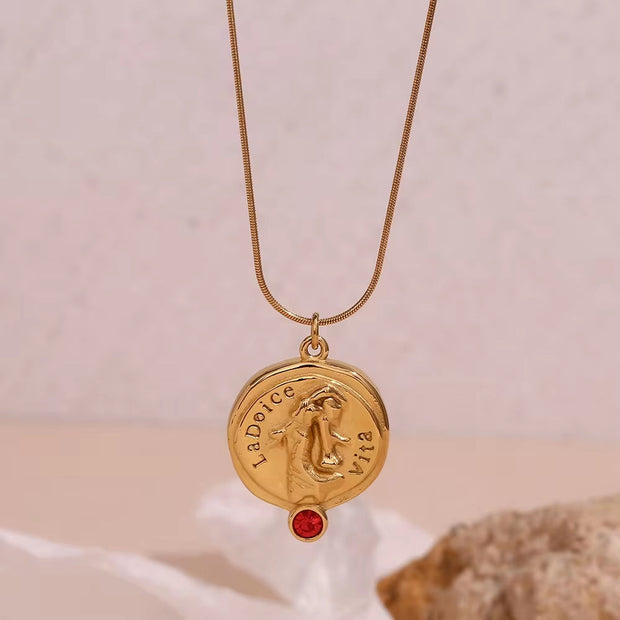 Engraved La Dolce Vita Fashion Lady Pendant Necklace Red Zircon Gold Plated Stainless Steel Jewelry
