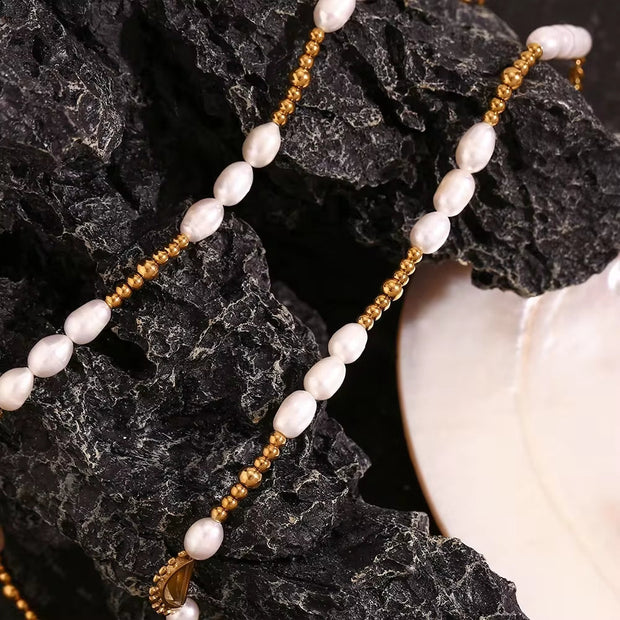 Fresh Water Pearl Chain Choker Necklace Gold Plated Jewelry Tarnish Free Stainless Steel Necklace