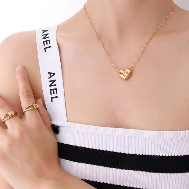 Non Tarnish Fashion Plated 316L Stainless Steel Detachable Magnet Cardiogram Heart Pendant Necklace Women