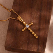 Dainty Zircon Cross Necklace Beaded Pendant Necklace Gold Plated Stainless Steel Christmas Gift for Women