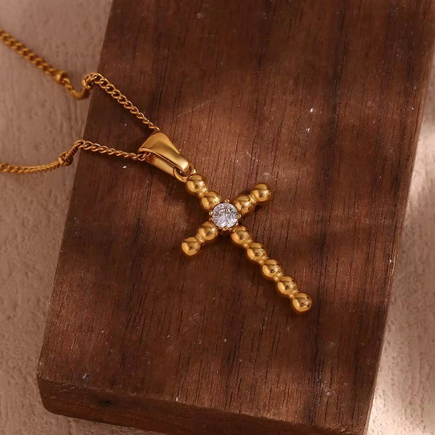 Dainty Zircon Cross Necklace Beaded Pendant Necklace Gold Plated Stainless Steel Christmas Gift for Women