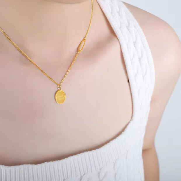 Geometric Oval GOOD LUCK Engraved Letter Pendant Necklace Gold 18K Stainless Steel Chain Necklace Women Jewelry