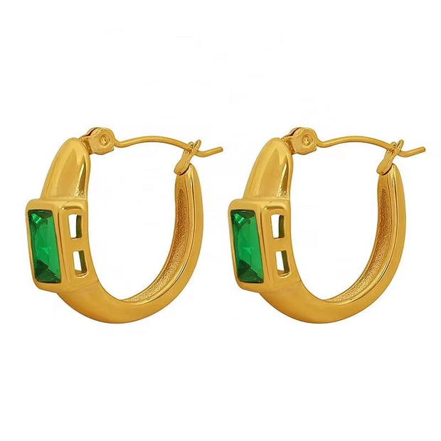 JEWELRY EH142 French Fashion Emerald Zirconia C-Shaped Earrings Stainless Steel Gold Plated 18K Earrings