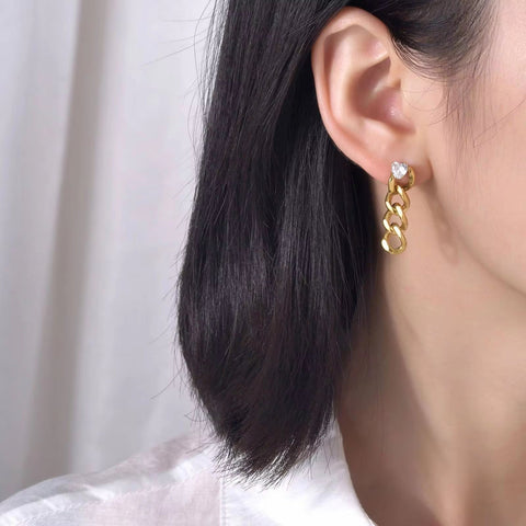 Hot Sale Ip Gold Plating Cubic Zircon Link Chain Pendant Earrings No Fade Stainless Steel Heart Shape Diamond Chain Earrings