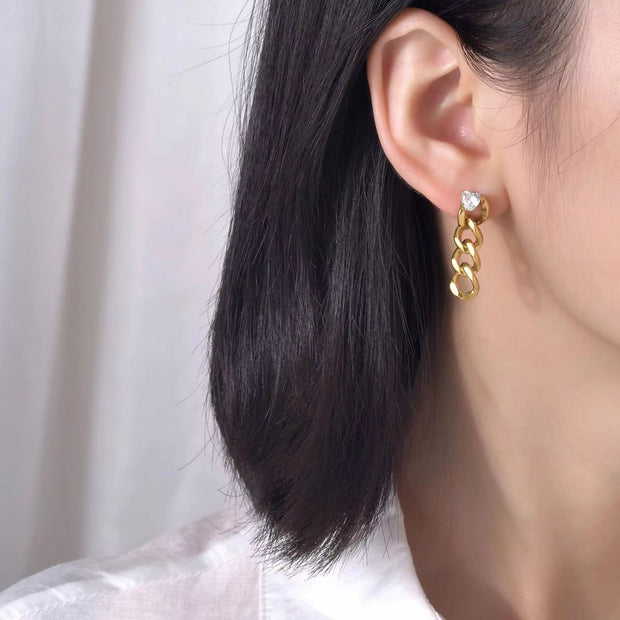 Hot Sale Ip Gold Plating Cubic Zircon Link Chain Pendant Earrings No Fade Stainless Steel Heart Shape Diamond Chain Earrings