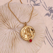 Engraved La Dolce Vita Fashion Lady Pendant Necklace Red Zircon Gold Plated Stainless Steel Jewelry
