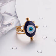 Jewelry 18K Gold Plated Eye Ring Stainless Steel Hollow Layer Blue Enamel Evil Eyes Open Rings