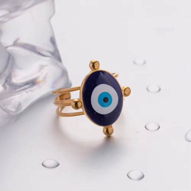 Jewelry 18K Gold Plated Eye Ring Stainless Steel Hollow Layer Blue Enamel Evil Eyes Open Rings
