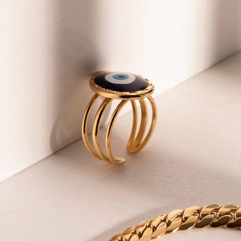 Jewelry 18K Gold Plated Three Layer Eye Ring Stainless Steel Blue Enamel Evil Eyes Stacking Rings