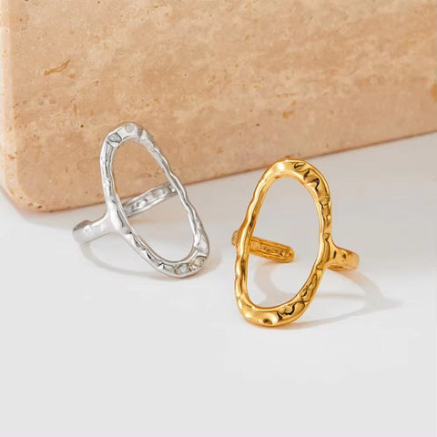Punk Simple Oval round Rings Chic 18K Gold Plated Adjustable Opening Cuff Geometric Stainless Steel Ring for Women Men Unisex