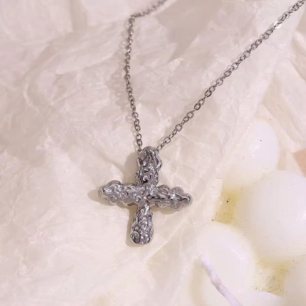 Hammered Cross Necklace 18K Gold Plated Jewelry Waterproof 316L Stainless Steel Titanium Jewelry
