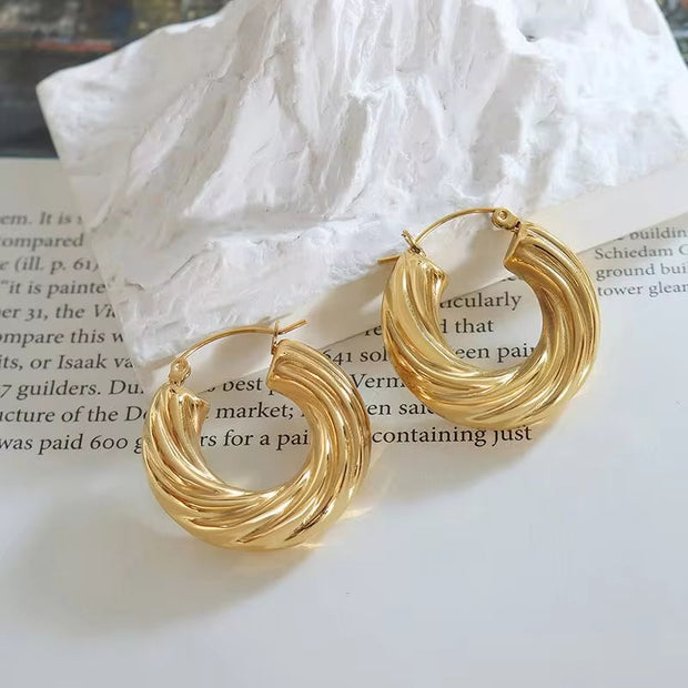 French Marka Custom Stainless Steel Fashion Jewelry Chunky Vintage Hoop Earrings 18K Gold Plated for Women