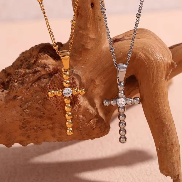 Dainty Zircon Cross Necklace Beaded Pendant Necklace Gold Plated Stainless Steel Christmas Gift for Women