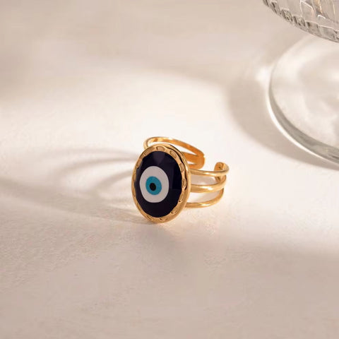 Jewelry 18K Gold Plated Three Layer Eye Ring Stainless Steel Blue Enamel Evil Eyes Stacking Rings