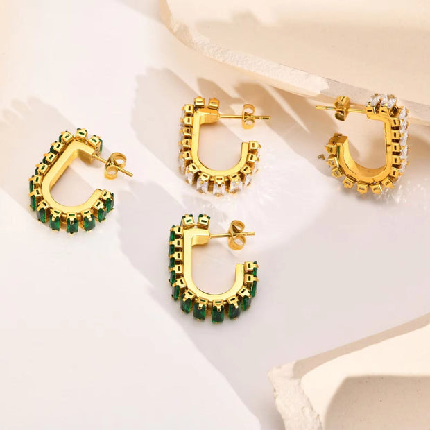 Good Quality 18K Gold Plated Green Cubic Zircon Earrings Deliate No Fade Stainless Steel Bling Diamond U Shape Earrings