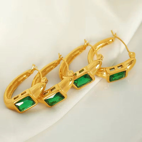 JEWELRY EH142 French Fashion Emerald Zirconia C-Shaped Earrings Stainless Steel Gold Plated 18K Earrings