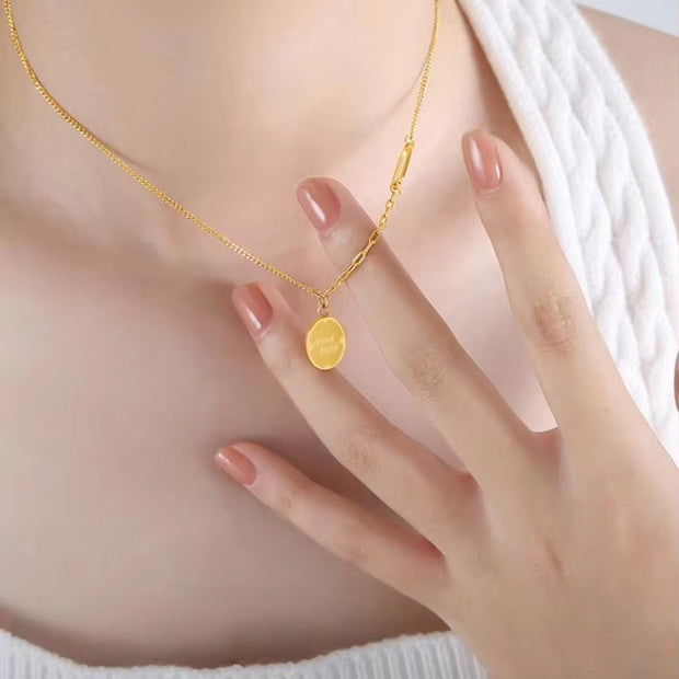 Geometric Oval GOOD LUCK Engraved Letter Pendant Necklace Gold 18K Stainless Steel Chain Necklace Women Jewelry