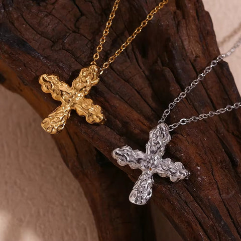 Hammered Cross Necklace 18K Gold Plated Jewelry Waterproof 316L Stainless Steel Titanium Jewelry