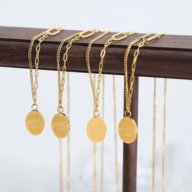 Geometric Oval GOOD LUCK Engraved Letter Pendant Necklace Gold 18K Stainless Steel Chain Necklace Women Jewelry