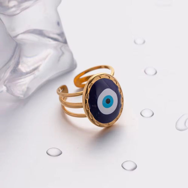 Jewelry 18K Gold Plated Three Layer Eye Ring Stainless Steel Blue Enamel Evil Eyes Stacking Rings