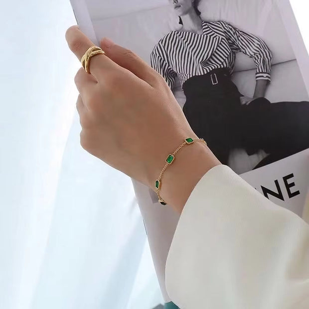 Factory OEM Trendy Goldfilled Jewelry Stainless Steel Crystal Bracelets Women Emerald Square Zircon Bracelet