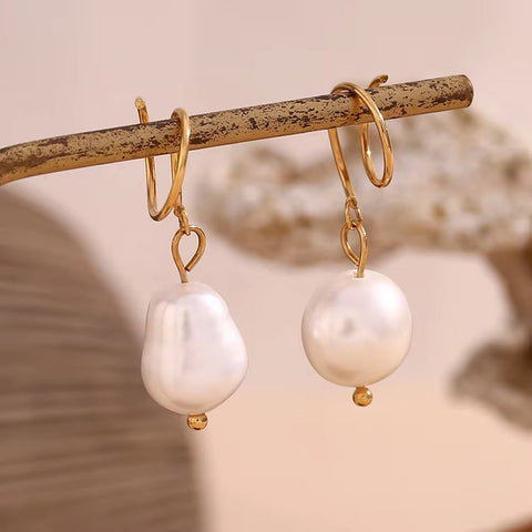 Fresh Water Pearl Drop Earrings Gold Plated Jewelry Winding Stainless Steel Earrings Women Luxury