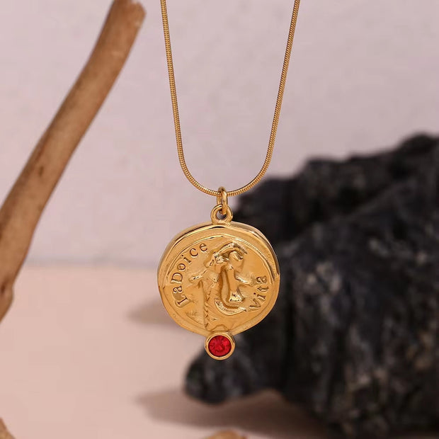 Engraved La Dolce Vita Fashion Lady Pendant Necklace Red Zircon Gold Plated Stainless Steel Jewelry