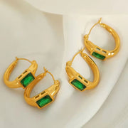 JEWELRY EH142 French Fashion Emerald Zirconia C-Shaped Earrings Stainless Steel Gold Plated 18K Earrings