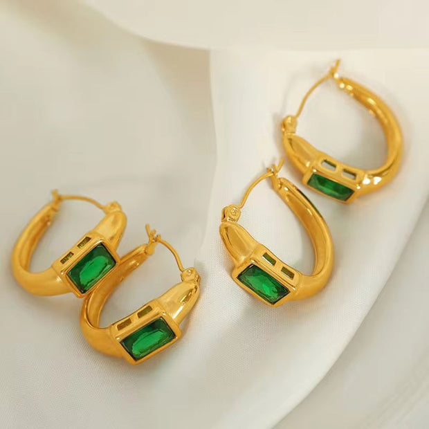 JEWELRY EH142 French Fashion Emerald Zirconia C-Shaped Earrings Stainless Steel Gold Plated 18K Earrings