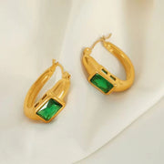 JEWELRY EH142 French Fashion Emerald Zirconia C-Shaped Earrings Stainless Steel Gold Plated 18K Earrings