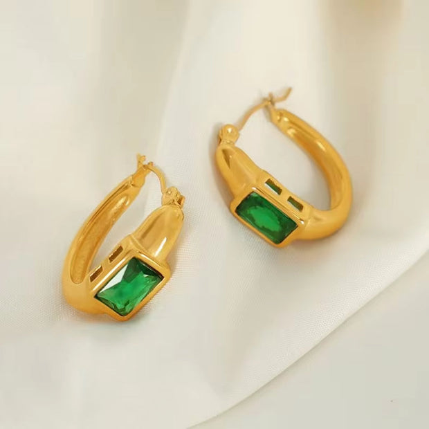 JEWELRY EH142 French Fashion Emerald Zirconia C-Shaped Earrings Stainless Steel Gold Plated 18K Earrings