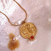 Engraved La Dolce Vita Fashion Lady Pendant Necklace Red Zircon Gold Plated Stainless Steel Jewelry