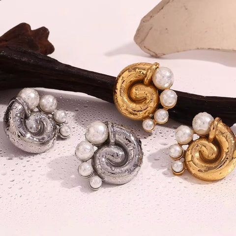 Fresh Water Pearl Winding Conch Stud Earrings Tarnish Free Jewelry Gold Plated Earrings Stainless Steel Jewelry