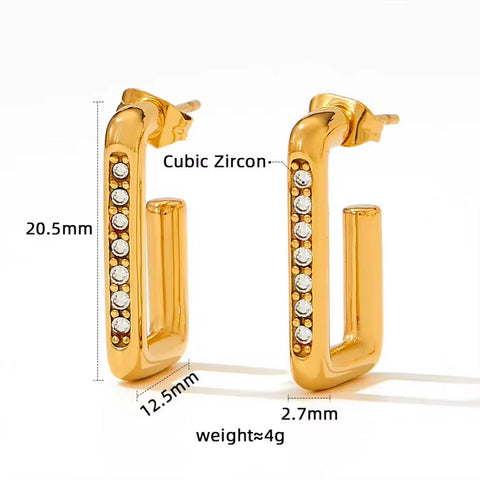 New Design Waterproof 18K Gold Plated Stainless Steel Jewelry Zircon Trimmed Rectangle Hoop Earrings