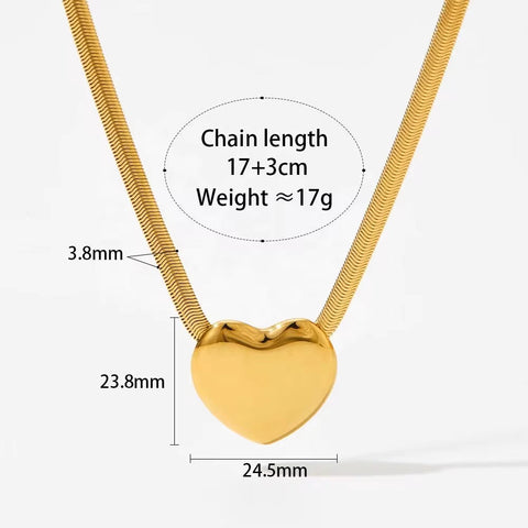 Waterproof PVD Gold Plated Flat Snake Chain Love Vintage Stainless Steel Jewelry Heart Charm Pendant Necklace for Women