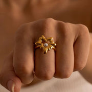 Design Lava Heart Pearl 18K Stainless Steel Gold Plated Hollow Heart Maple Leaf Open Ring for Women