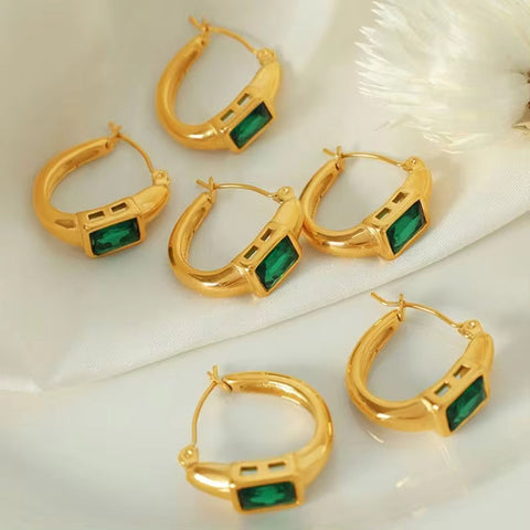 JEWELRY EH142 French Fashion Emerald Zirconia C-Shaped Earrings Stainless Steel Gold Plated 18K Earrings