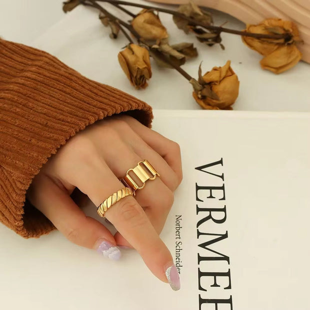Luxury Fashion Geometric Plain Women Ring Stainless Steel 18K Real Gold Plated Twist Finger Rings Jewelry