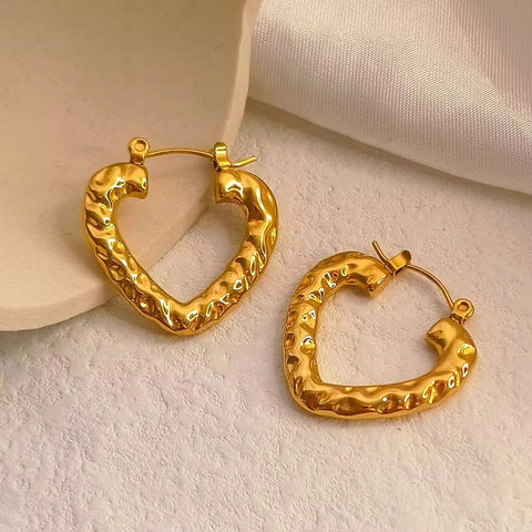 Hot Sale Hip Hops Embossed Texture Geometric Clip on Earrings Trendy Gold Plated Large Heart Rectangular Hoop Earrings F