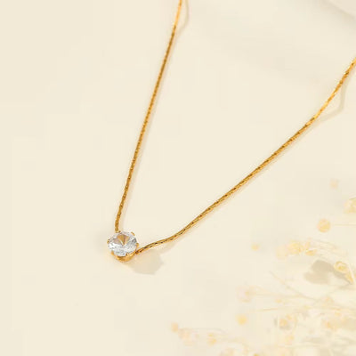 Waterproof Brilliant Solitaire Cubic Zirconia Pendant Necklace Ins 18K Gold Plated Diamond Stainless Steel Necklace Jewelry